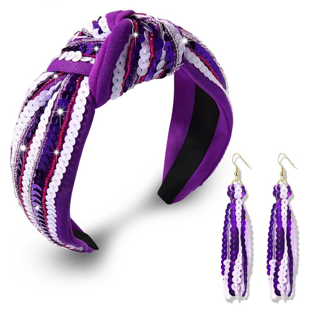 Football Headband Earrings Set Women's Sports Gift Game Day Purple White